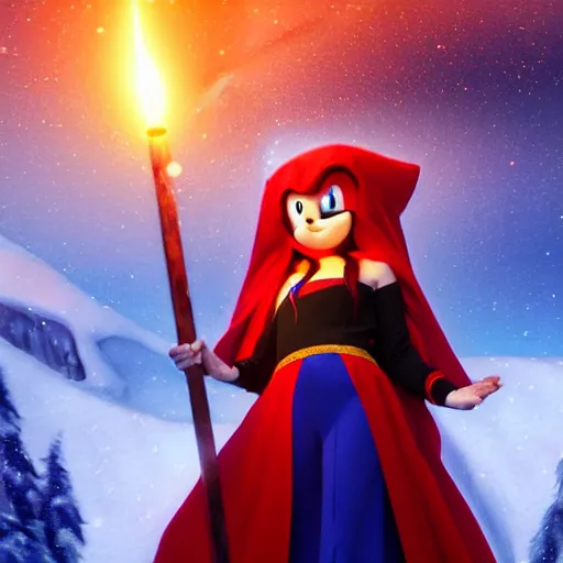 Prompt: red headed woman dressed in dark blue wizard robes holding a wooden staff covered in glowing red runes topped with a glowing gem. background of snowy mountains. fantasy painting. sonic the hedgehog is also there