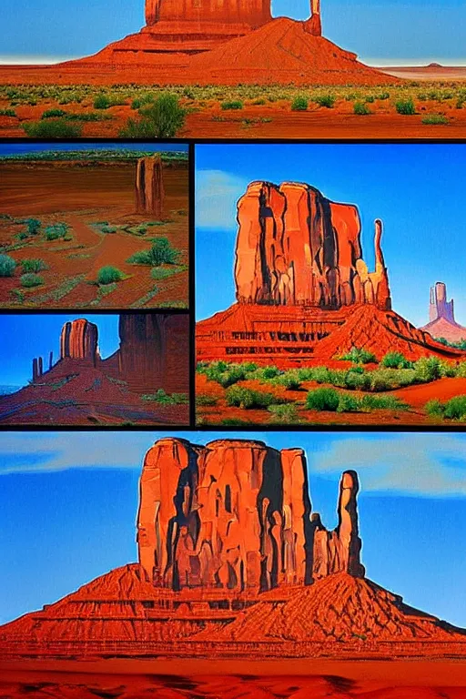 Prompt: bob ross painting of monument valley he valley is in both arizona and utah and is a famous and iconic landscape. featured in movies and advertisements, monument valley is a stark, red desert landscape that is interrupted only by huge, towering monolithic red rocks or monuments that jut upright throughout the valley. some of these monuments stand over 1, 0 0 0 feet tall
