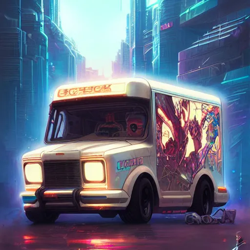 Image similar to a cyberpunk ice cream truck digital painting, intricate, elegant, highly detailed, artstation, concept art, matte, sharp focus, illustration, art by Artgerm and Greg Rutkowski and Alphonse Mucha