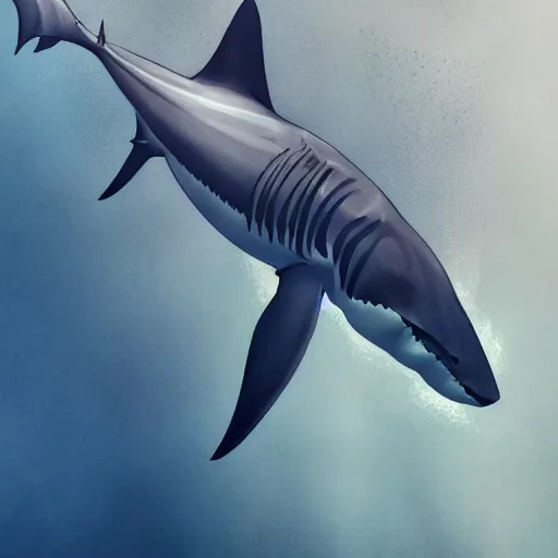 Prompt: great white shark, lower half traffic cone, full body, underwater background detailed atmospheric - ron cheng & alphonse mucha, highly detailed, digital painting, ray tracing, concept art, illustration, smooth sharp focus, intricate, symmetry, artstation,