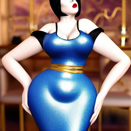 Image similar to a feminine curvy pale hot goth sweetie wearing a royal blue-silver-gold-black latex-nylon high-neck dress, dark eyeshadow, eyelashes, cgsociety, photorealistic, sublime-hyperadvanced-amorous ambience, 16k, smooth, sharp focus, trending on ArtStation, volumetric lighting, fully clothed, thin waist