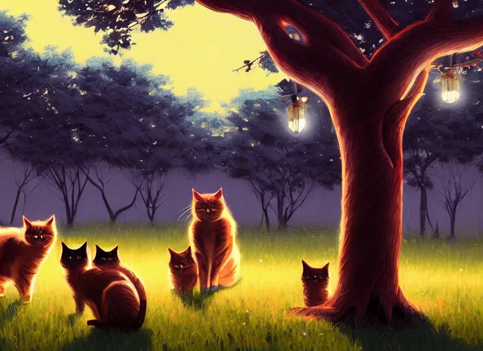 Prompt: multiple cats behind a beautiful tree, night setting. realistic shaded lighting poster by ilya kuvshinov katsuhiro, magali villeneuve, artgerm, jeremy lipkin and michael garmash, rob rey and kentaro miura style, trending on art station