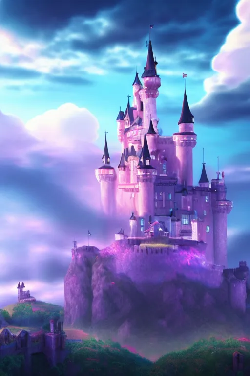 Image similar to beatiful castle in the clouds, romantic, atmospheric, wide shot, vaporwave colors, realistic, 4 k, volumetric lighting