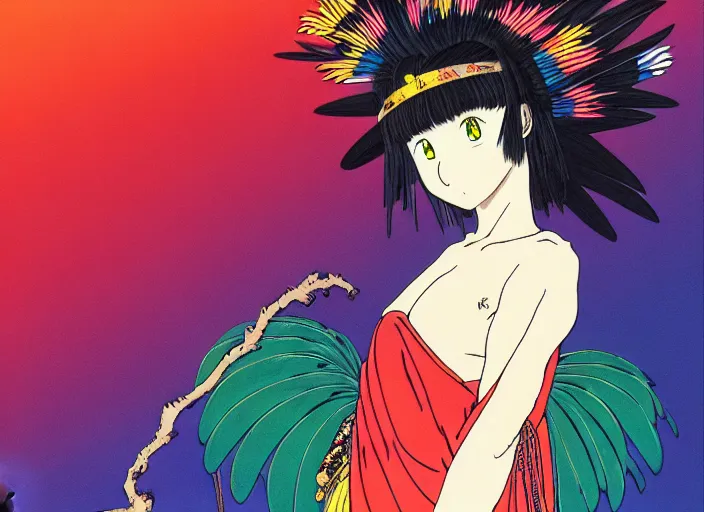 Prompt: full body portrait of a young forest girl in feathered robe, anime, yoshitoshi abe, murata range,jean giraud, manga, bright colors, beautiful, 28mm lens, vibrant high contrast, gradation, cinematic, rule of thirds, great composition, intricate, detailed, flat, matte print, sharp,clean lines,Ugetsu Hakua