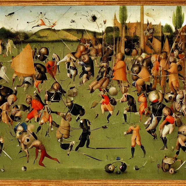 Image similar to a painting from 1 4 9 0 of a european football soccer match by hieronymus bosch, in the style of bosch