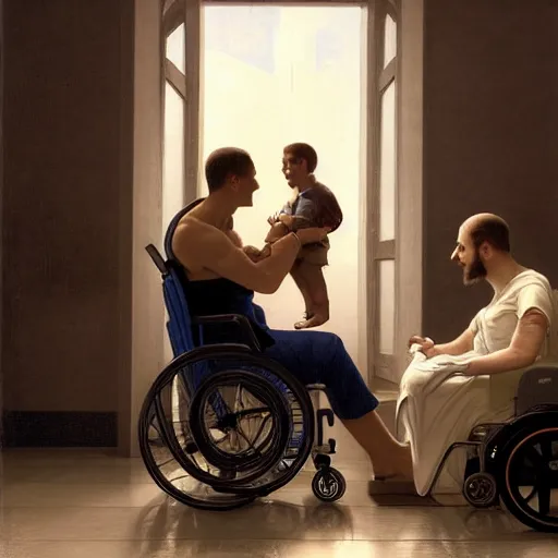 Prompt: a male patient in a wheelchair in the hospital with his wife and son standing by. happy, cheerful, intricate, sharp focus, artstation, cinematic, 8 k, by william adolphe bouguereau