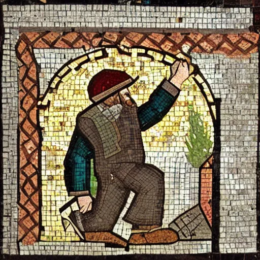 Image similar to hobo jumping on a train, byzantine mosaic,