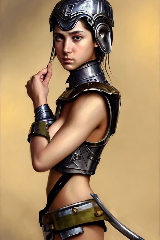 Image similar to a photorealistically painted portrait of an attractive young girl, partially clothed in military battle armor, with an abstractly painted background, flawless olive skin, fair complexion, long dark hair, beautiful bone structure, perfectly symmetric facial features, perfect photorealistic eyes, natural physique, intricate, elegant, digital painting, concept art, finely detailed, beautifully illustrated, sharp focus, minimal artifacts, volumetric lighting, from Halo, by Ruan Jia and Mandy Jurgens and Artgerm and William-Adolphe Bouguerea, in the style of Greg Rutkowski, trending on Artstation, award winning art