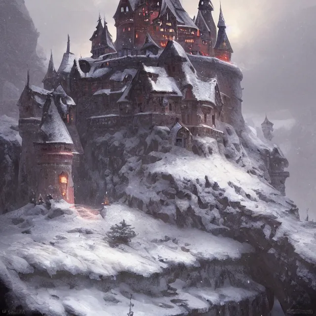 Image similar to a painting of a castle in the middle of a snowy mountain, a detailed matte painting by andreas rocha and greg rutkowski, featured on artstation, fantasy art, matte drawing, matte painting, artstation hq