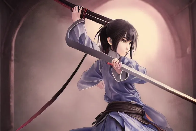 Image similar to highly detailed beautiful photo of a madison beer as a young female samurai. practising sword stances. art by koyoharu gotouge. symmetrical face, beautiful eyes, realistic, 8 k, award winning photo, pastels colours, action photography, 1 / 1 2 5 shutter speed, sunrise lighting,