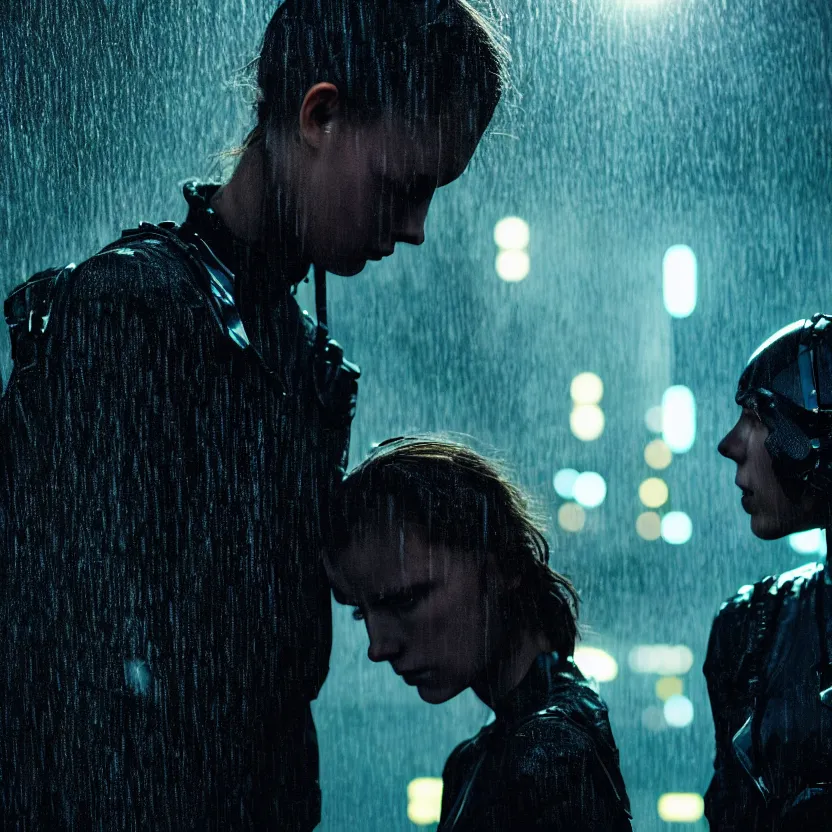 Image similar to cinestill 5 0 d candid photographic portrait by christopher nolan of two loving female androids sobbing wearing rugged black mesh techwear in treacherous waters, flooded city, helicopter, medium closeup, modern cyberpunk moody emotional cinematic, pouring iridescent rain bright spotlight, 8 k, hd, high resolution, 3 5 mm, f / 3 2, ultra realistic faces, ex machina