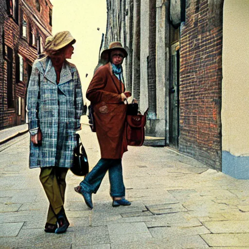 Image similar to traveler in time on the old street, seventies, photorealistic