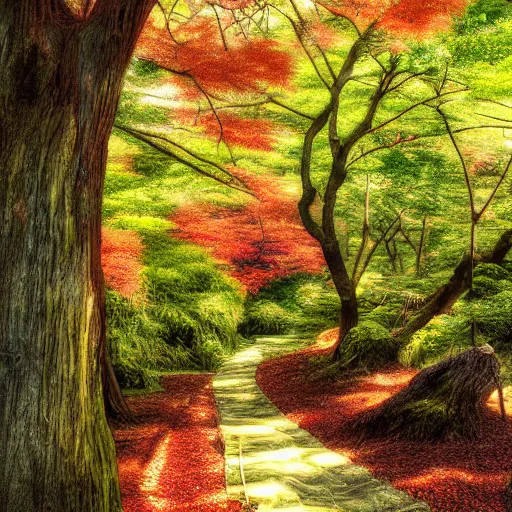 Image similar to a japanese forest, sunny, digital art