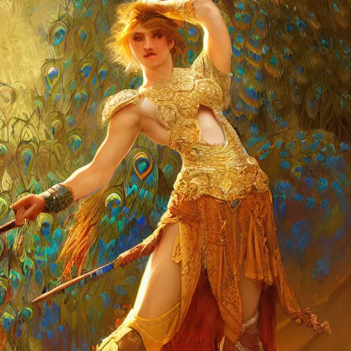 Prompt: a female warrior in peacock armor, light effect, feminine, powerful, in clothes! intricate, elegant, highly detailed, digital painting, artstation, concept art, smooth, sharp focus, illustration, art by gaston bussiere and alphonse mucha