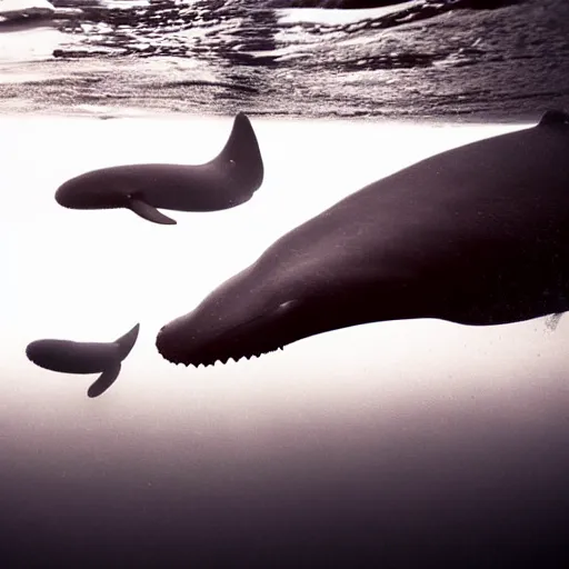 Image similar to underwater ocean, 1 2 whales, pod, family, swimming to surface, calm, photograph, realistic, peaceful, light rays, beautiful, majestic, dapple, camera angle from below, distance,