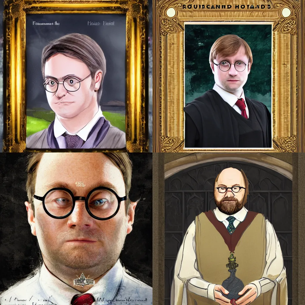 Prompt: portrait of Francois Holland head in Harry Potter style, background Hogwarts