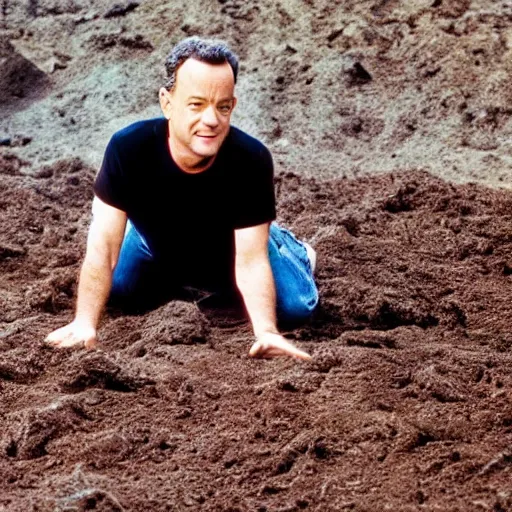 Image similar to Tom Hanks on all fours eating a pile of dirt