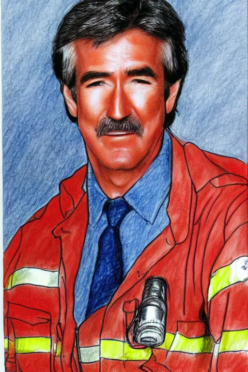 Image similar to a felt tip drawing of randy mantooth as a fire fighter by a child, bright colours, detailed