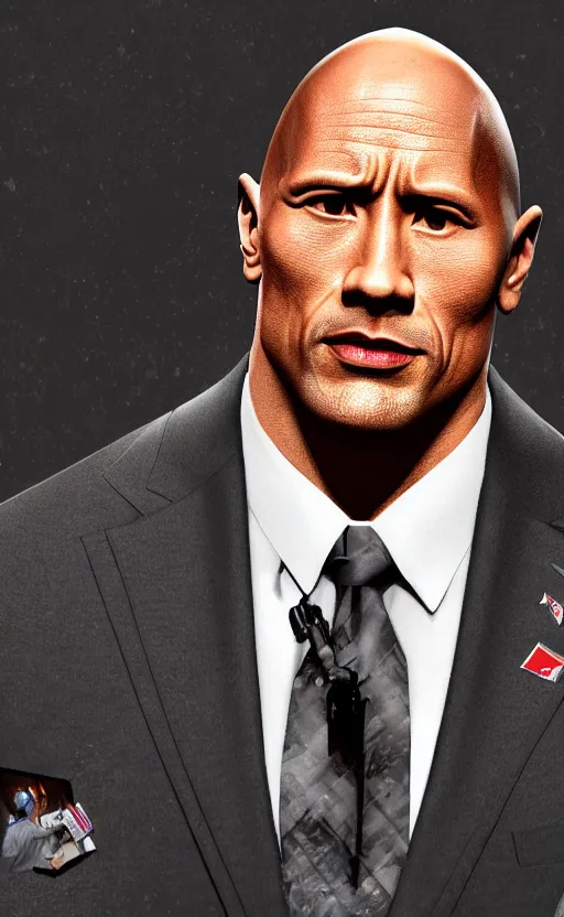 Image similar to dwayne johnson wearing a suit as the president of the united states, dynamic lighting, photorealistic fantasy concept art, trending on art station, stunning visuals, creative, cinematic, ultra detailed