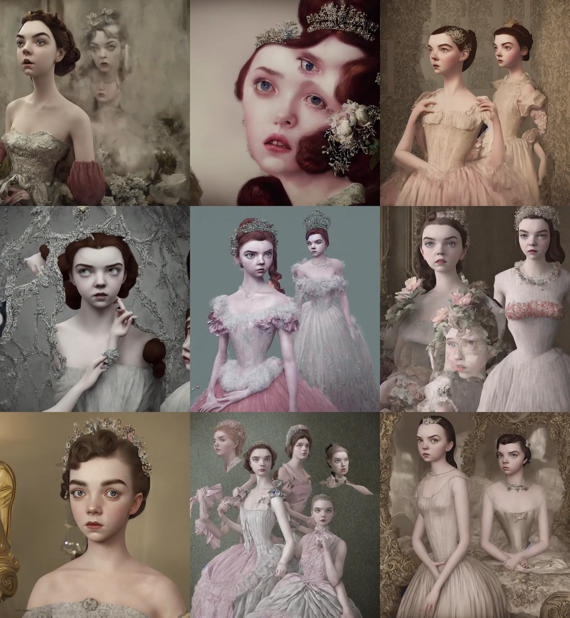 Prompt: a mix of of lily cole anya taylor - joy and audry hepburn, tiara, 1 8 th century manor, hyperrealism photorealism, 8 k, hdr, unreal engine 5, octane render, photorealistic, extremely detailed, intricate, in the style of mark ryden, lostfish, earl nore, hyung tae, frank frazetta