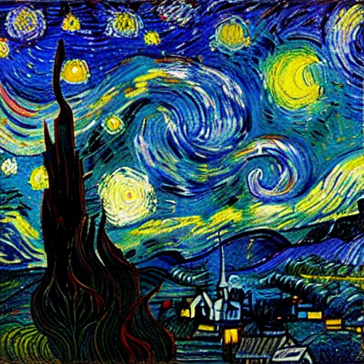 Image similar to “a foggy night in the style of starry night”