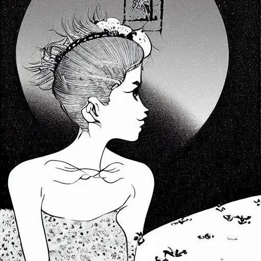 Image similar to balmy enso by jamie hewlett, by nicolas delort. a photograph, beauty & mystery of princess aurora. enigmatic smile & gaze invite us into her world, & we cannot help but be drawn in. soft features & delicate way she is dressed make her almost ethereal. landscape distance & mystery. what secrets princess aurora holds.