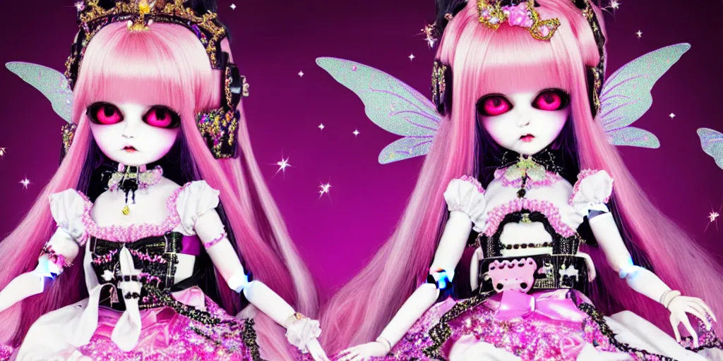 Image similar to baroque bedazzled gothic royalty frames surrounding a pixelsort emo demonic horrorcore japanese beautiful fairy kei doll, sharpened early computer graphics, remastered chromatic aberration