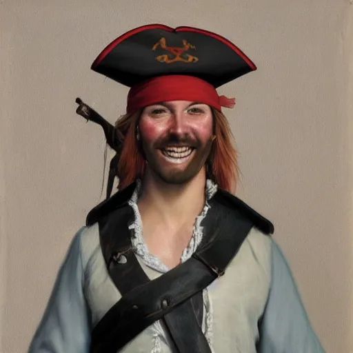 Image similar to a happy smiling loving pirate captain gazing into the horizon in the style of mary jane ansell.