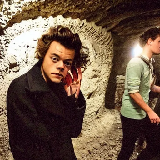 Prompt: photo of harry styles in the paris catacombs