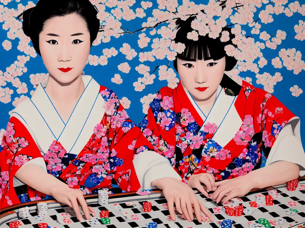 Image similar to hyperrealism composition of the detailed single woman in a japanese kimono sitting at an extremely detailed poker table with stormtrooper, fireworks and sakura tree on the background, pop - art style, jacky tsai style, andy warhol style, acrylic on canvas