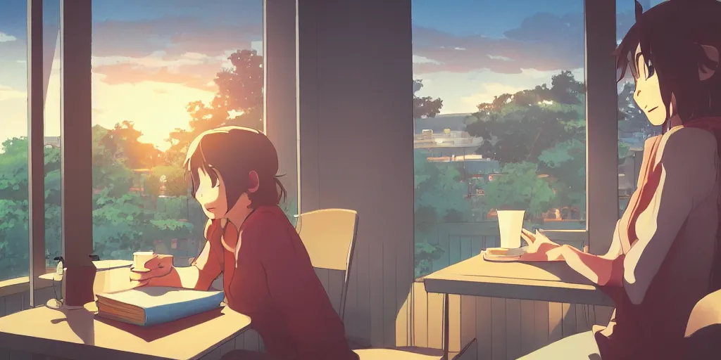 Image similar to Girl reading in a window seat in a coffee shop at sunset cinematic lighting, style by Makoto Shinkai