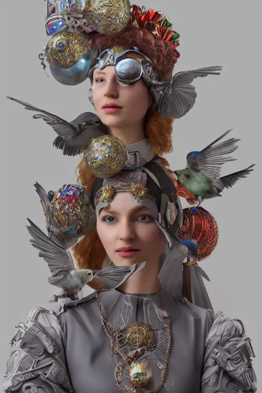 Prompt: cyber helmet 3 d render of english princess holding birds, ornaments, mucha vibe, dieselpunk, solarpunk, artstation, andrei riabovitchev