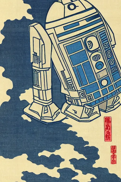 Image similar to Japanese woodblock print of r2d2, hokusai