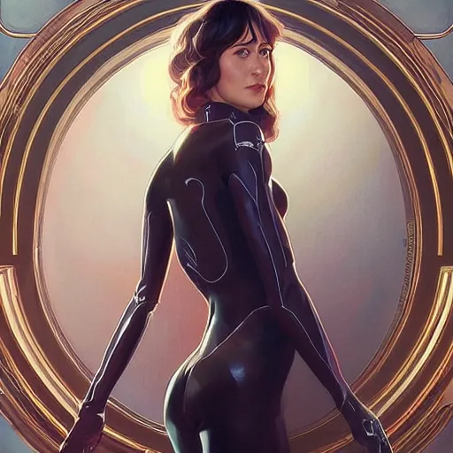 Image similar to full figure ultra realistic illustration, dakota johnson as madame web, intricate, elegant, highly detailed, digital painting, artstation, concept art, smooth, sharp focus, illustration, art by artgerm and greg rutkowski and alphonse mucha