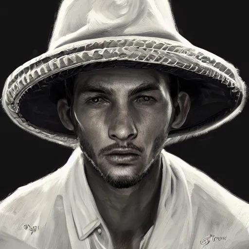 Image similar to Portrait of Sam Gray wearing a sombrero hat, by Cedric Peyravernay, highly detailed, excellent composition, cinematic concept art, dramatic lighting, trending on ArtStation