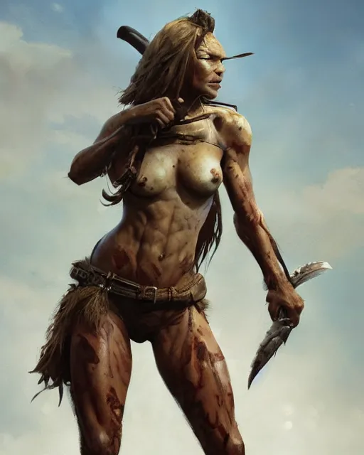 Image similar to hyper realistic photo of prehistoric hunter girl full body, cinematic, artstation, cgsociety, greg rutkowski, james gurney, mignola, craig mullins, jean baptiste monge, brom