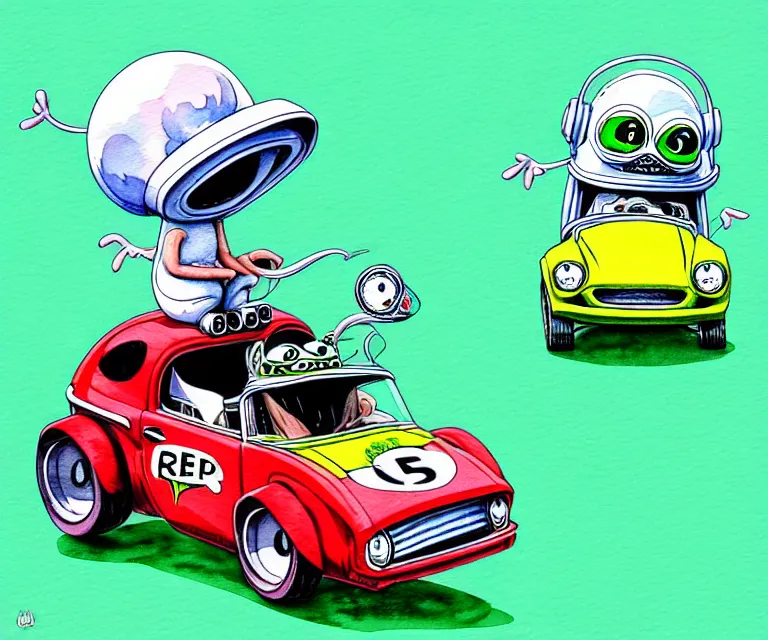 Image similar to cute and funny, cute pepe wearing a helmet riding in a tiny hot rod with oversized engine, ratfink style by ed roth, centered award winning watercolor pen illustration, isometric illustration by chihiro iwasaki, edited by range murata, details by artgerm