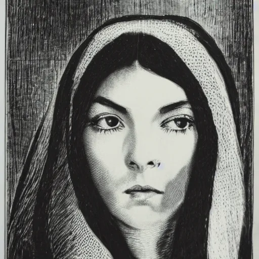 Image similar to extreme close-up, black and white, portrait of a young french woman from 1960s, marie laforet as model, Gustave Dore lithography