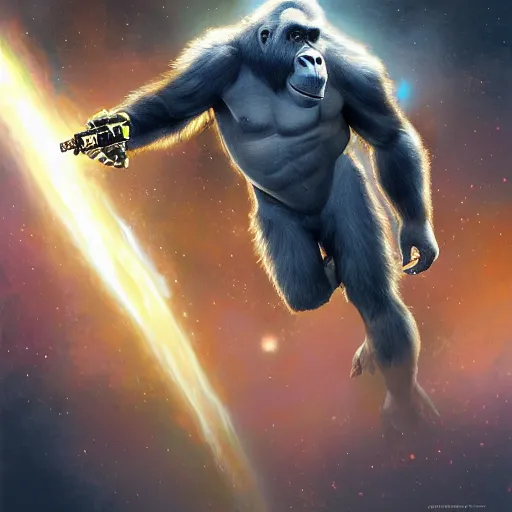 Image similar to detailed science - fiction character portrait of a silverback gorilla shooting a alien gun in space, intricate, wild, highly detailed, digital painting, artstation, concept art, smooth, sharp focus, illustration, art by artgerm and greg rutkowski and alphonse mucha