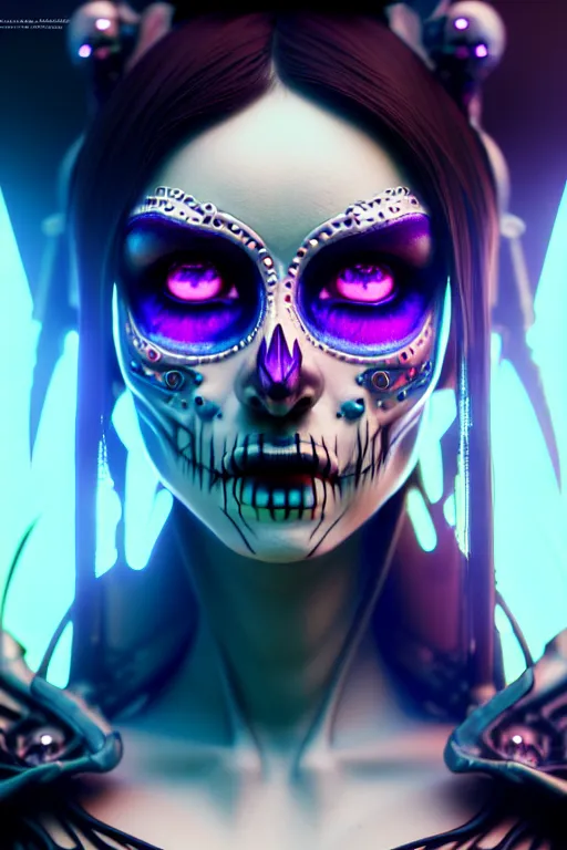 Image similar to ultra detailed, ethereal closeup photo of female android, gothic, flowerpunk, fantasy, octane render, unreal engine, dia de los muertos, photorealistic concept art, triadic color, art by artgerm and wlop and giger and greg rutkowski and alphonse mucha, 8 k