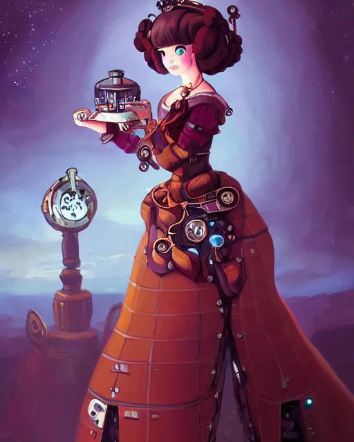 Prompt: scifi pricess of the highlands, wearing a lovely dress with clockwork - like details. this oil painting by the award - winning mangaka has an interesting color scheme and impeccable lighting.