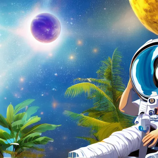 Image similar to an astronaut lounging in a tropical resort in space in a photorealistic style