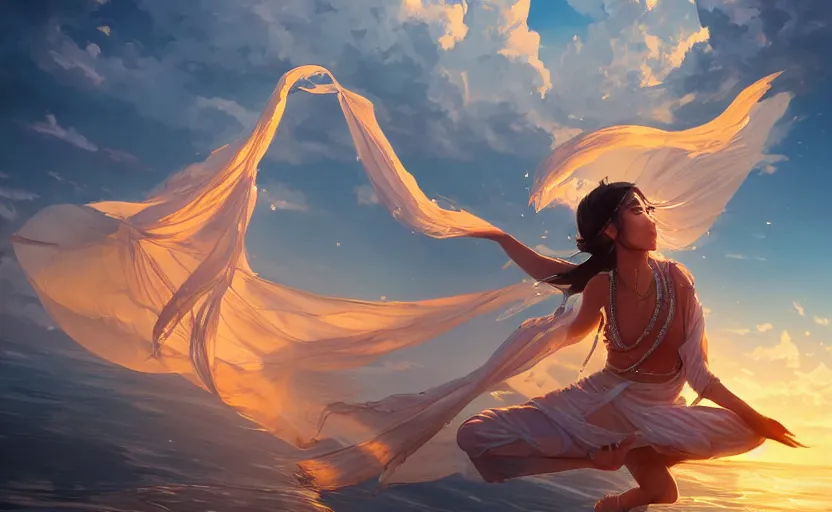 Image similar to Himalayan priestess dancing on water, beautiful flowing fabric, sunset, dramatic angle, 8k hdr pixiv dslr photo by Makoto Shinkai rossdraws and Wojtek Fus