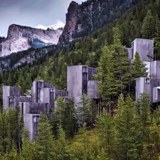 Prompt: brutalist cabin village, mountains, forest, beautiful,