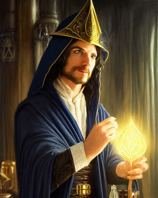Image similar to handsome male wizard in a tavern, long black hair blue eyes young face wearing cloth mantle gothic navy cloak with gold details, tree town, fantasy character portrait, ultra realistic, intricate, elegant, cinematic lighting, highly detailed, digital painting, artstation, smooth, sharp, focus, illustration, art by artgerm and greg rutkowski and alphonse mucha