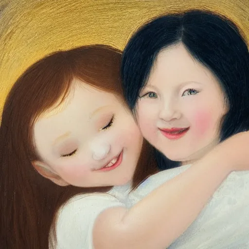 Image similar to black haired girl hugging a ginger girl and smiling, beautiful, innocent, angelic, happy, warm, soft lighting, in the clouds, renaissance, beautiful, cherubic, oil painting