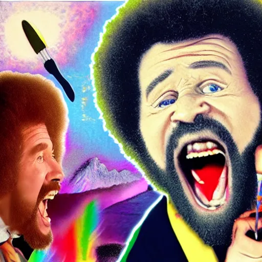 Image similar to bob ross screaming on a bad acid trip