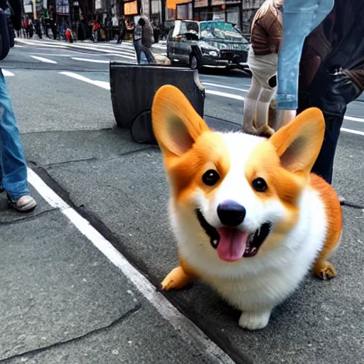 Image similar to 8k highly detailed photograph of a giant 80 foot tall adorable corgi invading New York City. cute destruction