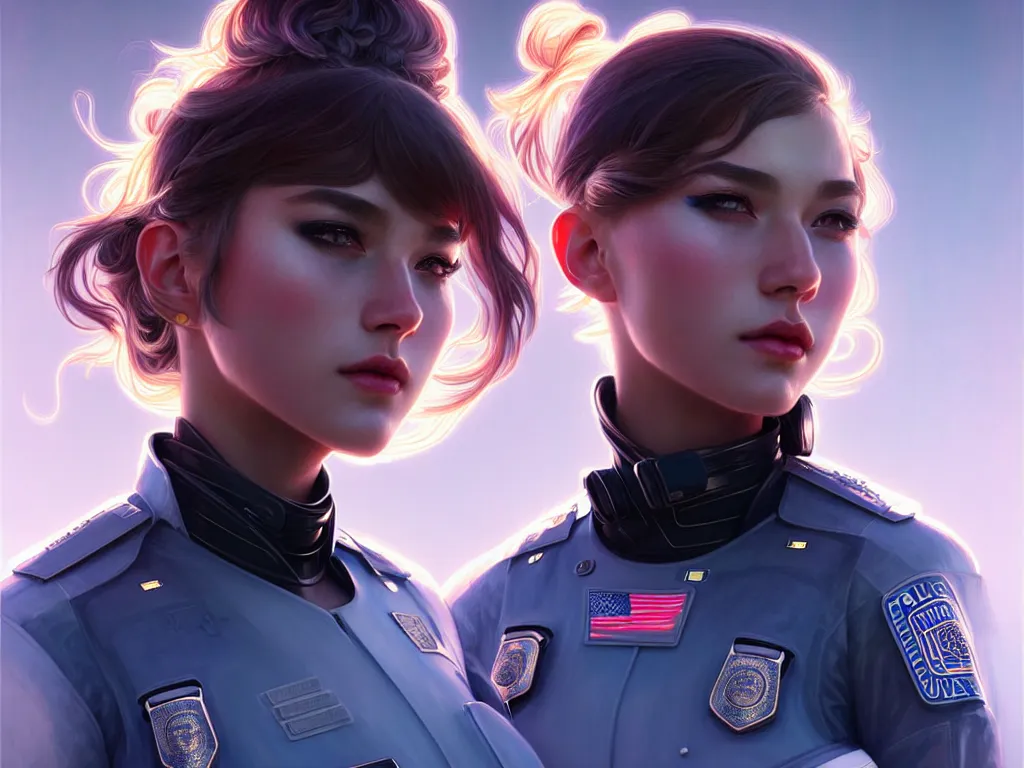 Image similar to portrait futuristic usa police uniform girl, at future neon light rooftop, ssci - fi and fantasy, intricate and very very beautiful and elegant, highly detailed, digital painting, artstation, concept art, smooth and sharp focus, illustration, art by tan zi and ayanamikodon and alphonse mucha and wlop