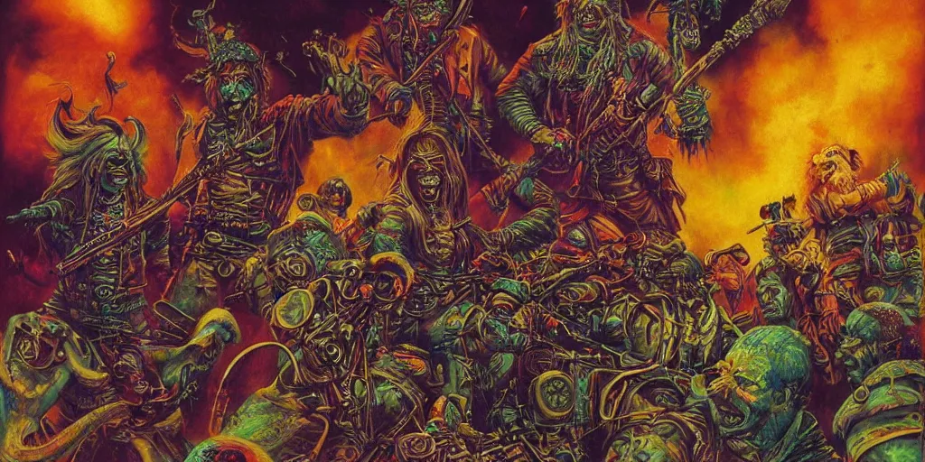 Image similar to psychedelic post apocalyptic orc biker gang, sharp focus, psychedelic colors, michael whelan, boris vallejo